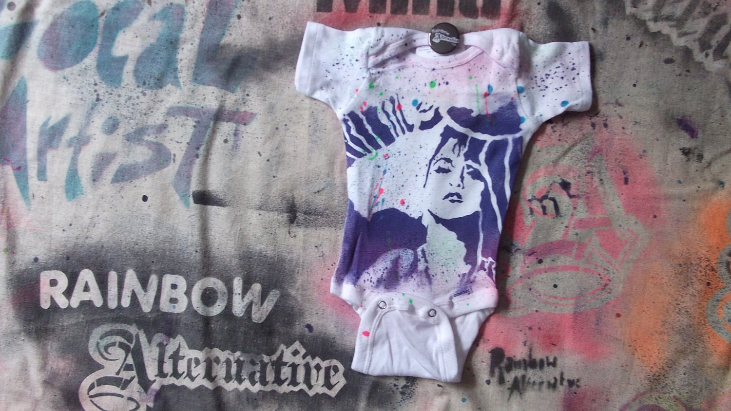 80s Madonna baby onesie hand stenciled & spray painted tshirt by Rainbow Alternative on Etsy  (size newborn, 6mo or 12mo)
