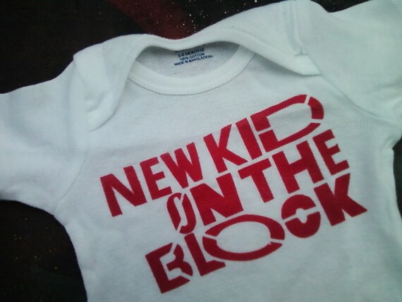 funny baby onesie New Kids on the Block hand stenciled and spray painted tshirt by Rainbow Alternative on Etsy