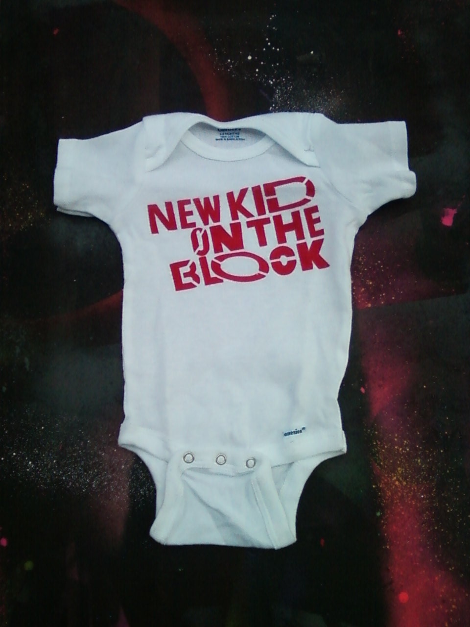 funny baby onesie New Kids on the Block hand stenciled and spray painted tshirt by Rainbow Alternative on Etsy