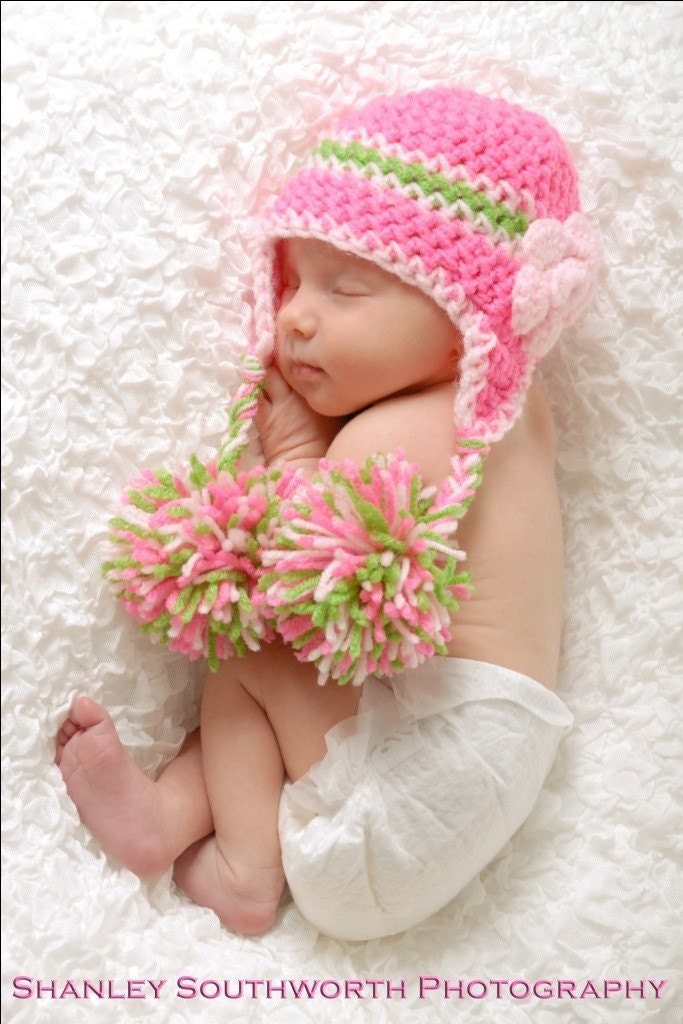 Hot Pink, Lime Green and Light Pink Earflap Hat with Light Pink Flower and Pom Poms