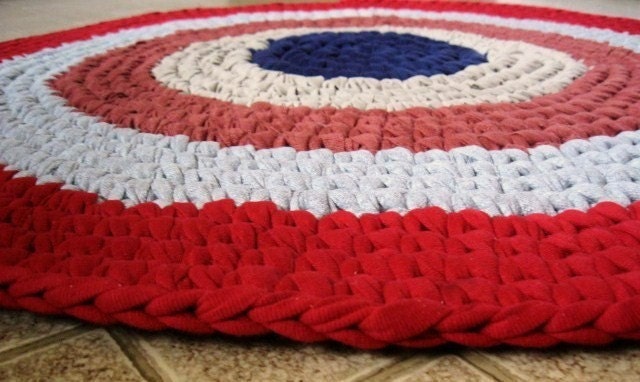 Red, White, and Blue Crocheted Round Rug from recycled cotton