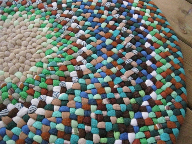 Made to order Swirls of Blue, Green and Brown Braided Round Rug from upcycled cotton