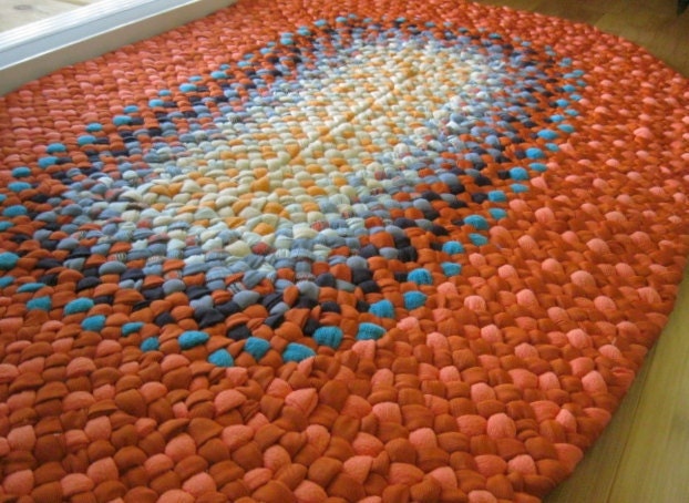 Handmade Oval Braided Rug in Orange and Blue from recycled fabrics - mrsginther