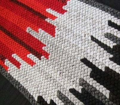OOAK Red, Black, Gray Rectangle Braided Wool Rug from recycled wool