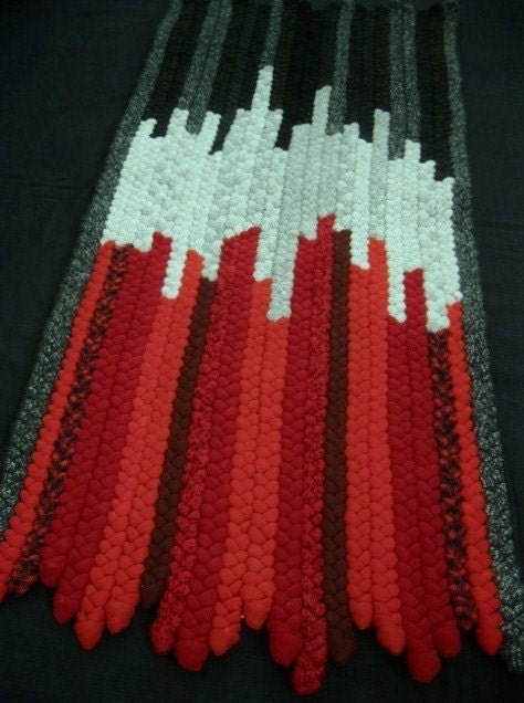 OOAK Red, Black, Gray Rectangle Braided Wool Rug from recycled wool