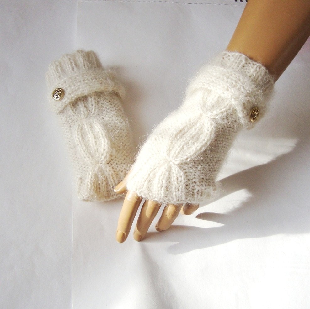 Hand Knit Ivory Gloves, Mitten Fingerless Glove, Arm Warmer, Winter Accessories Fall Fashion, Holiday Accessories - Pasin