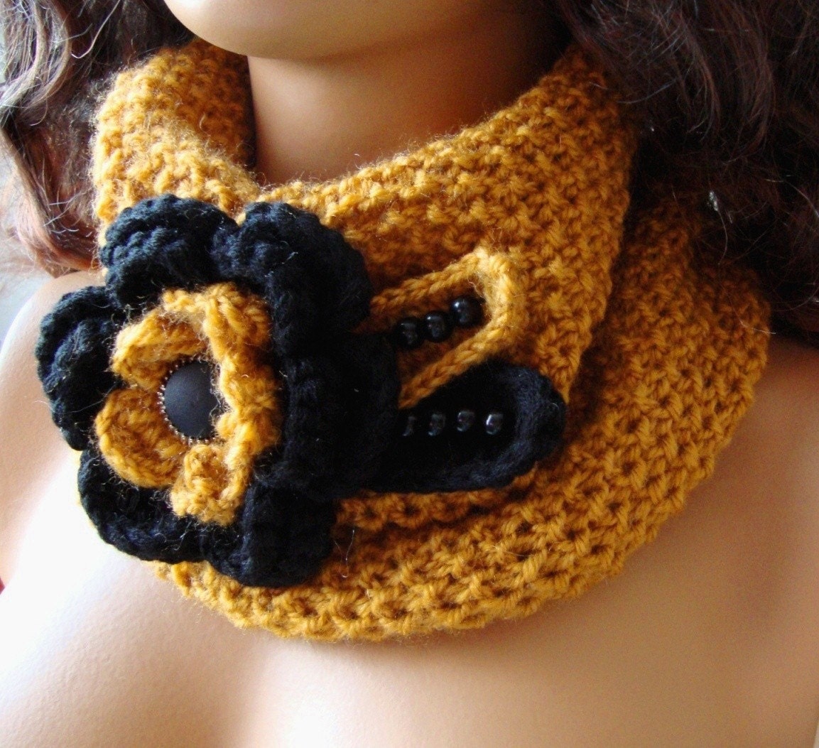 Hand Knit Neckwarmer, Mustard, Scarf, Black Flower ,Beed And Button,  Cowl, Chunky, Winter Accessories, Fall Fashion, Mustard Yellow