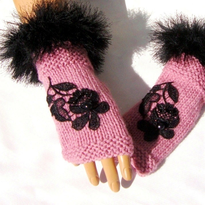Hand Knit Pink Gloves, Half Finger, Mitten, Ornamented With Lace, Winter Accessories, Fingerless Gloves, Gift For Women And Girl