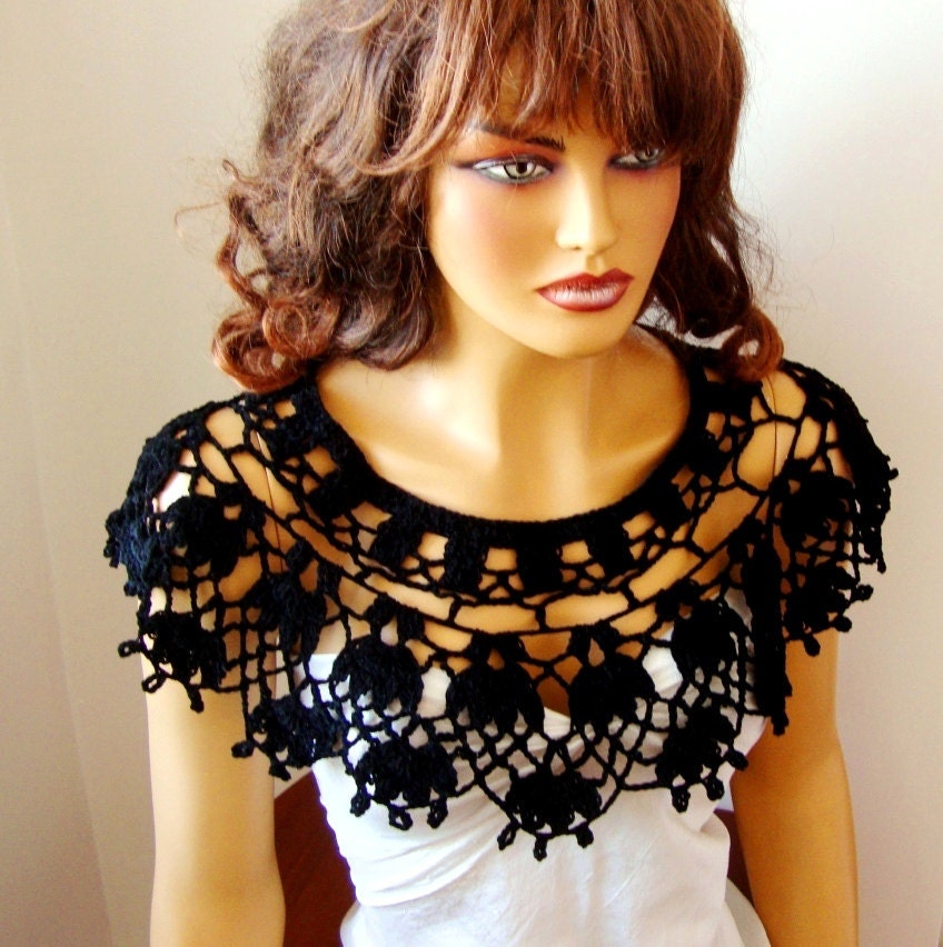 Hand Crochet Bridal Black Lace Bolero Shrug, Shawl, Bride Bridesmaid LaceFashion, Capelet, Holiday Accessories, Shoulder Wrap, Spring