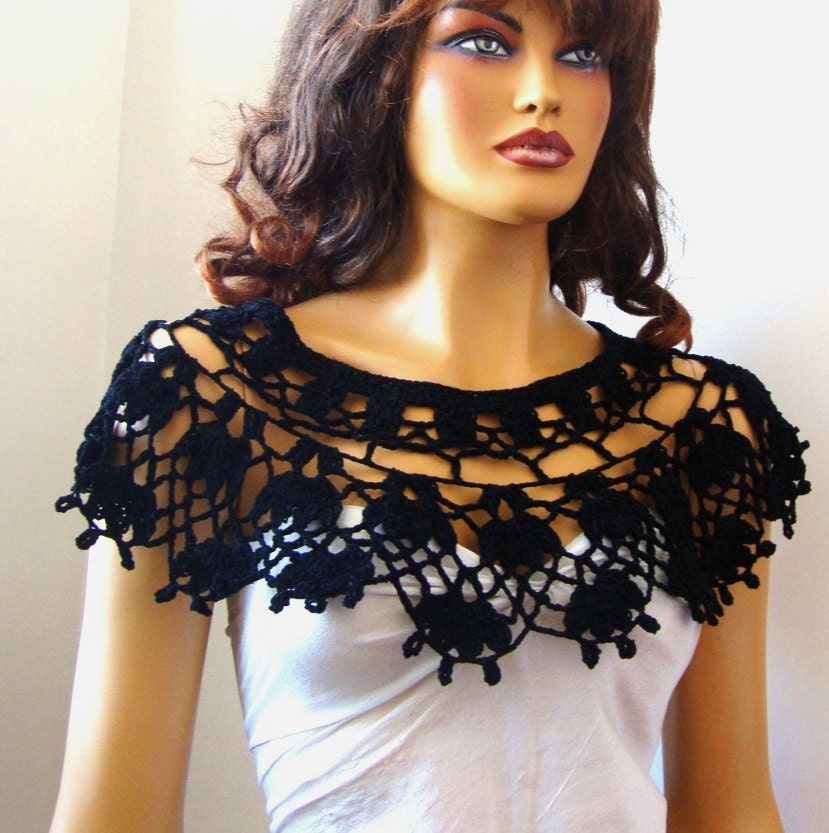 Hand Crochet Bridal Black Lace Bolero Shrug, Shawl, Bride Bridesmaid LaceFashion, Capelet, Holiday Accessories, Shoulder Wrap, Spring