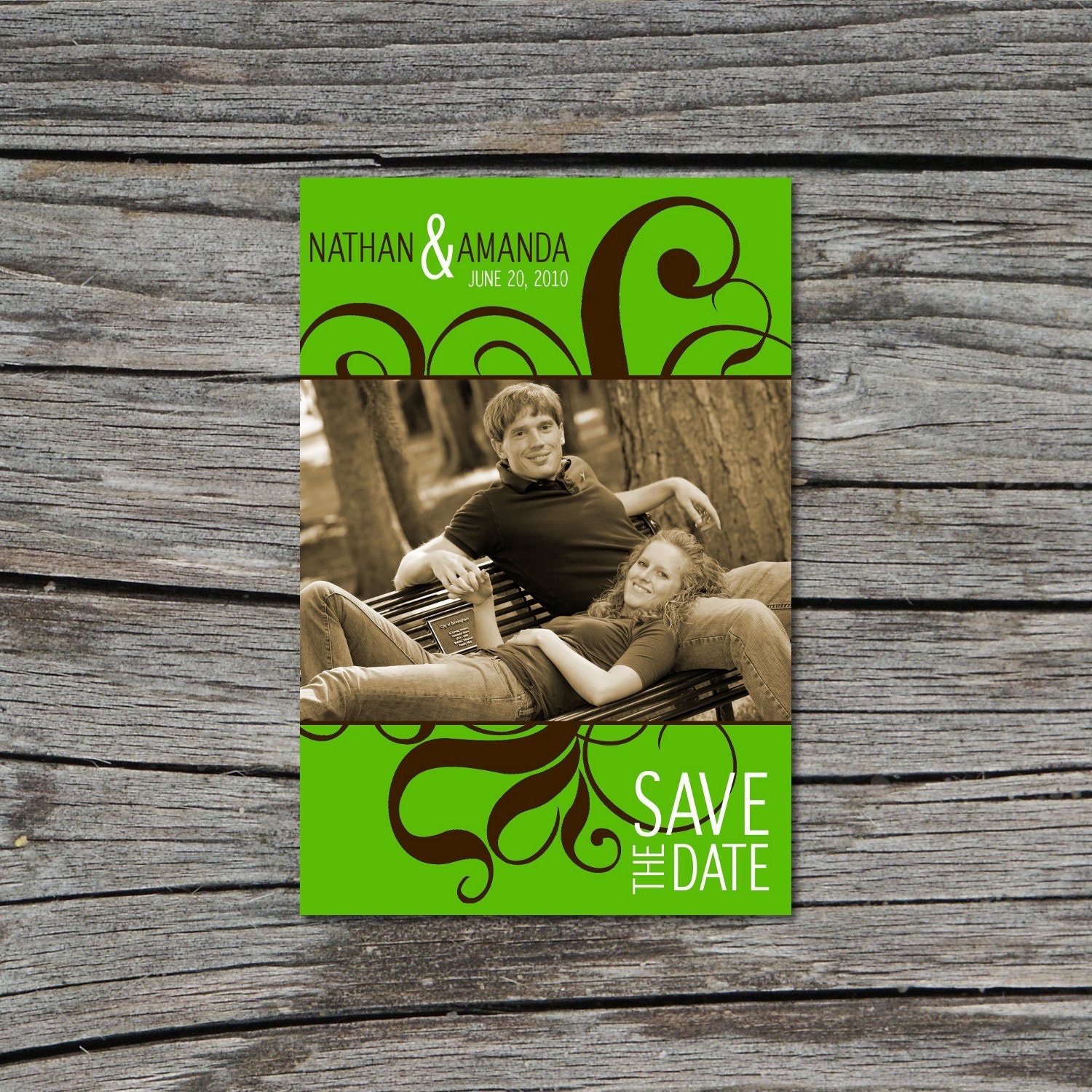 Wedding Invitation, Save the Date, Photo, Swirled, Green, Brown, Printable, Digital File by ticklemeink on Etsy