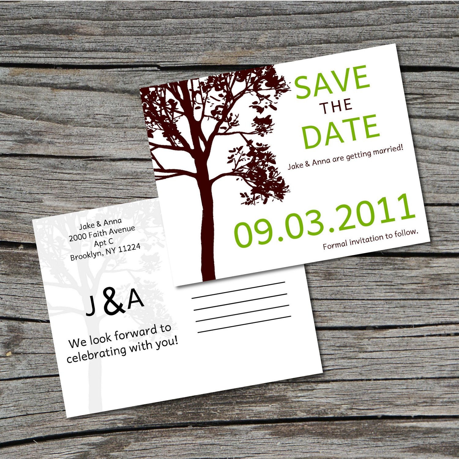 Wedding Invitation, Save the Date, Postcard, Tall Tree, Set of 100 by ticklemeink on Etsy