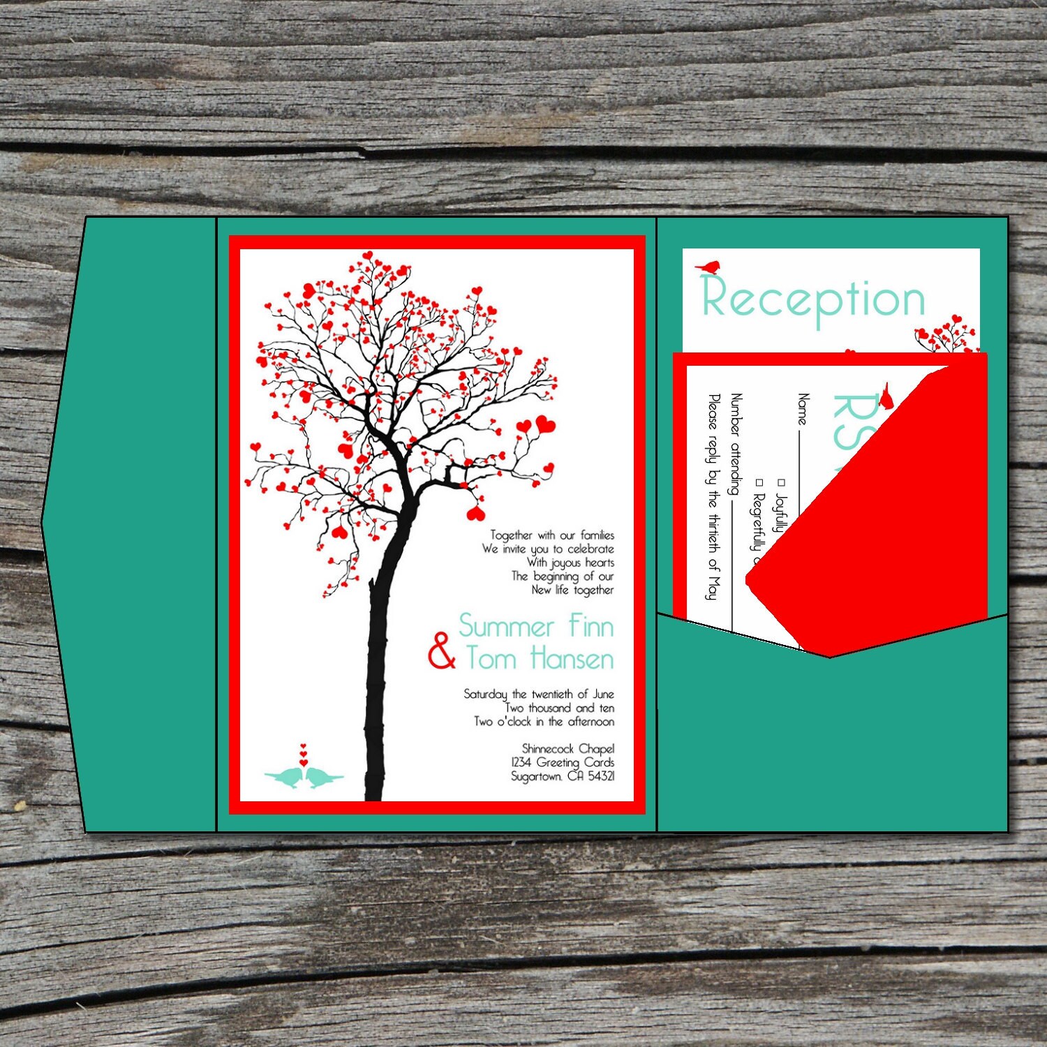 Wedding Invitation, DIY, Pocketfold, Heart Tree, Printable, Digital File by ticklemeink on Etsy