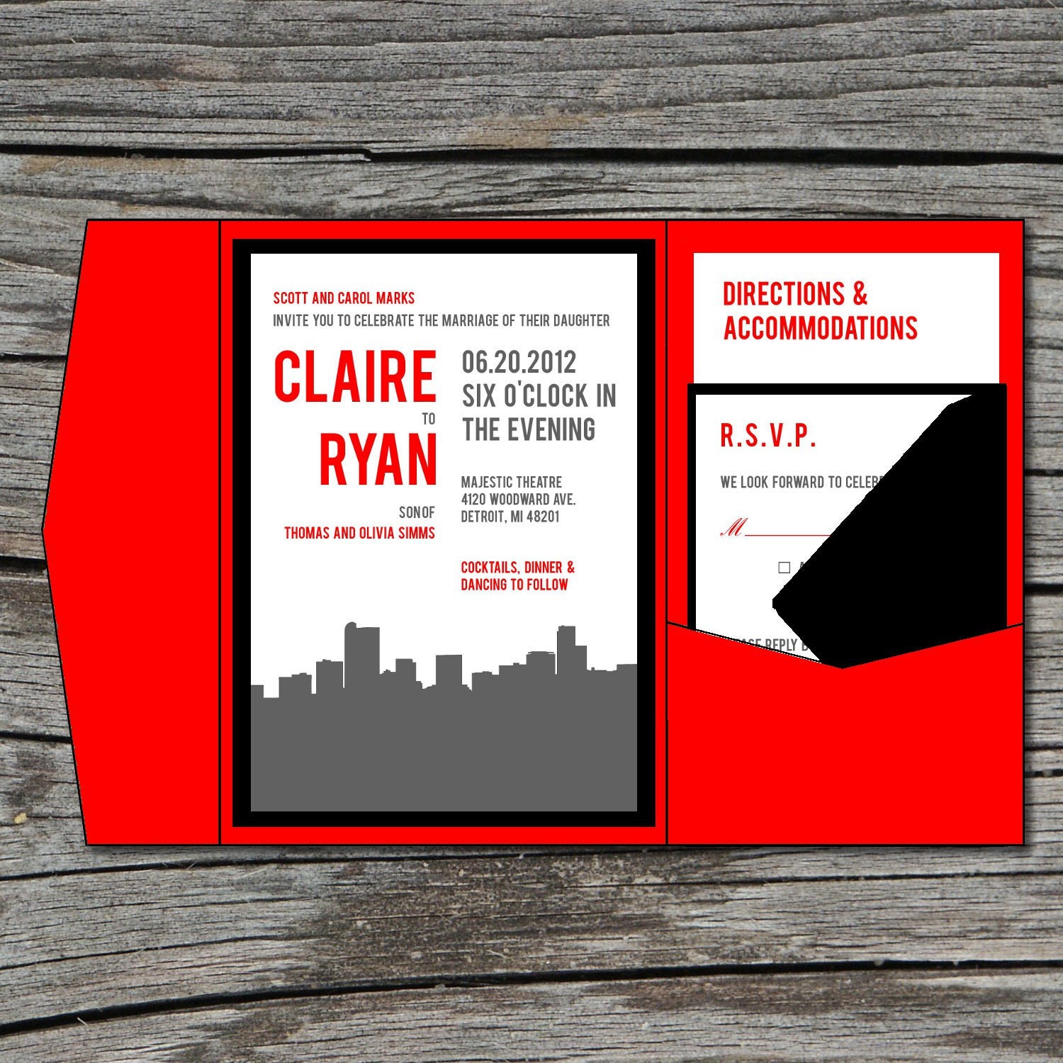Wedding Invitation, DIY, Pocketfold, City Skyline, Printable, Digital File by ticklemeink on Etsy