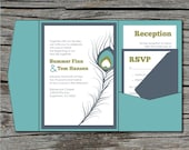 Wedding Invitation, DIY, Pocketfold, Peacock Feather, Printable, Digital File by ticklemeink on Etsy