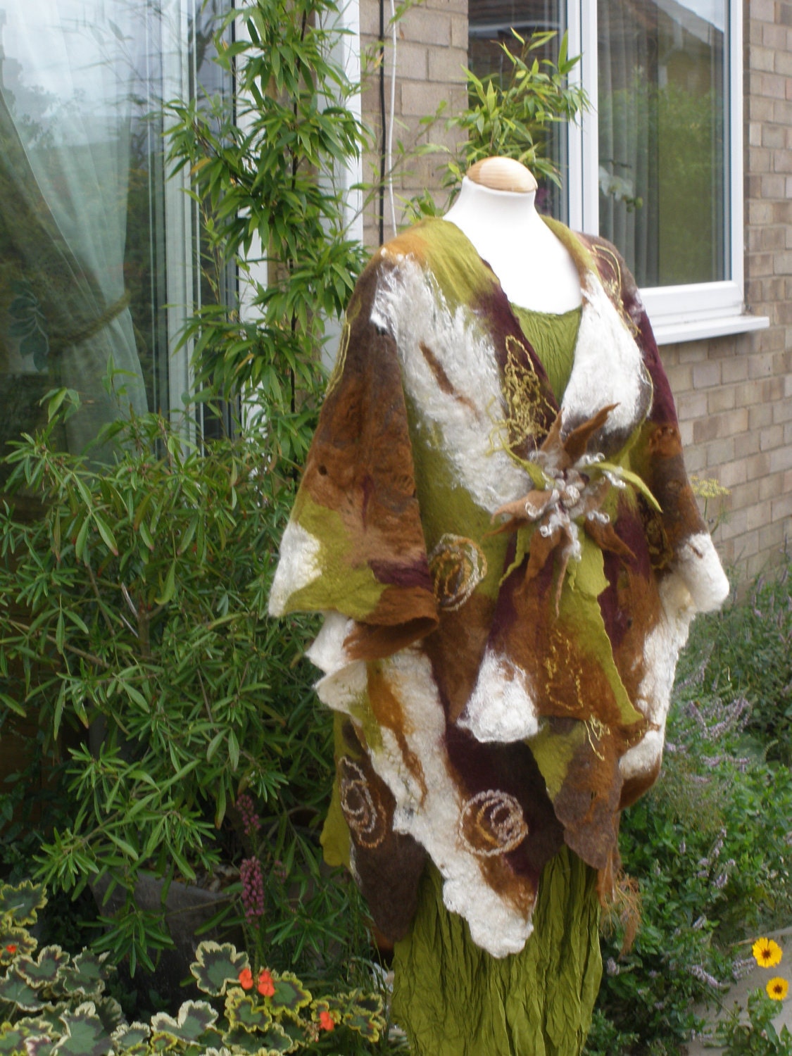 Hand felted oversized merino wool jacket gilet cardigan OSFA camel green - Handmade To Order