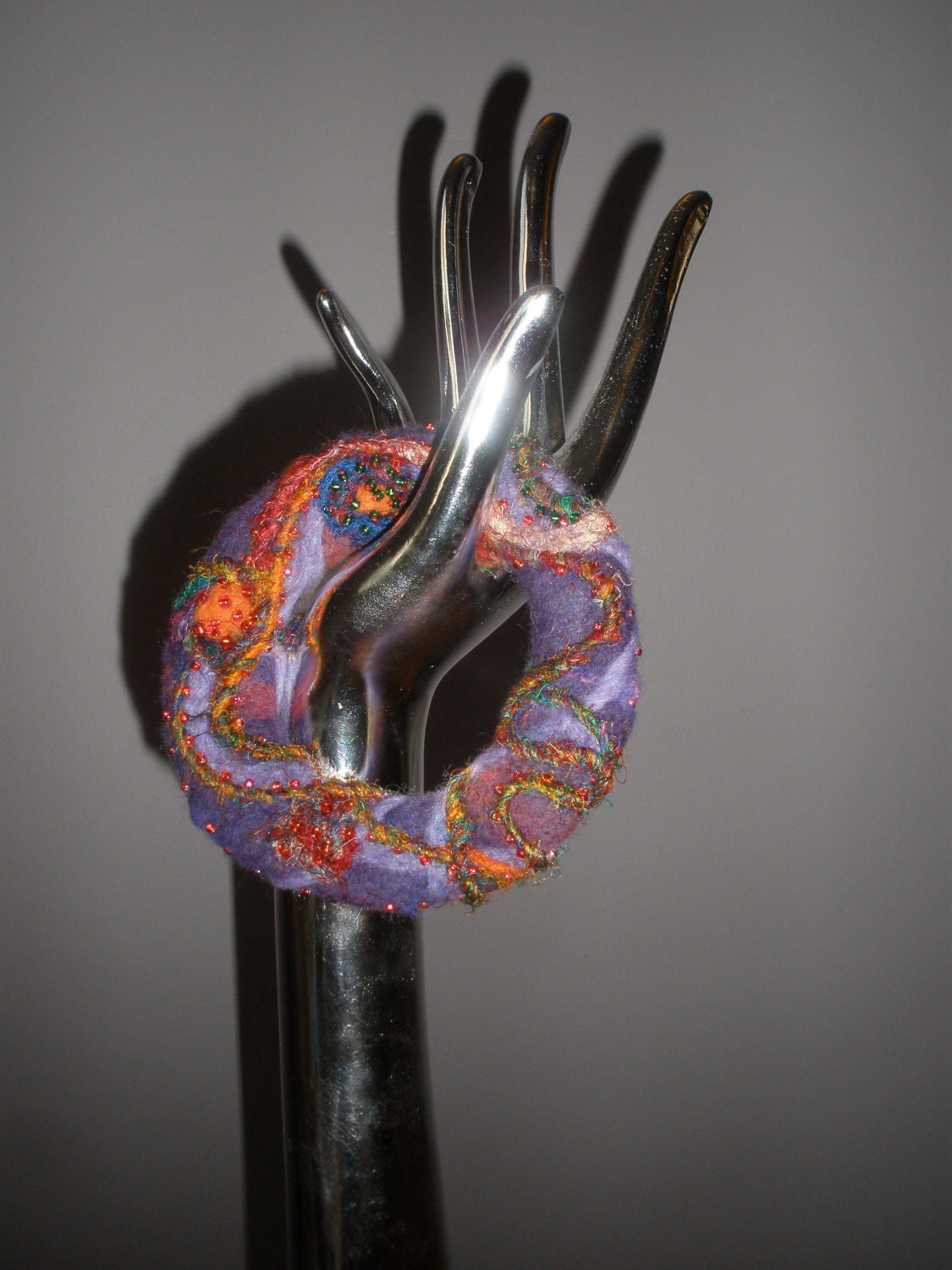 SALE SALE Chunky Felted wool Bangle - beaded merino wool & silk bracelet cuff - purple orange green