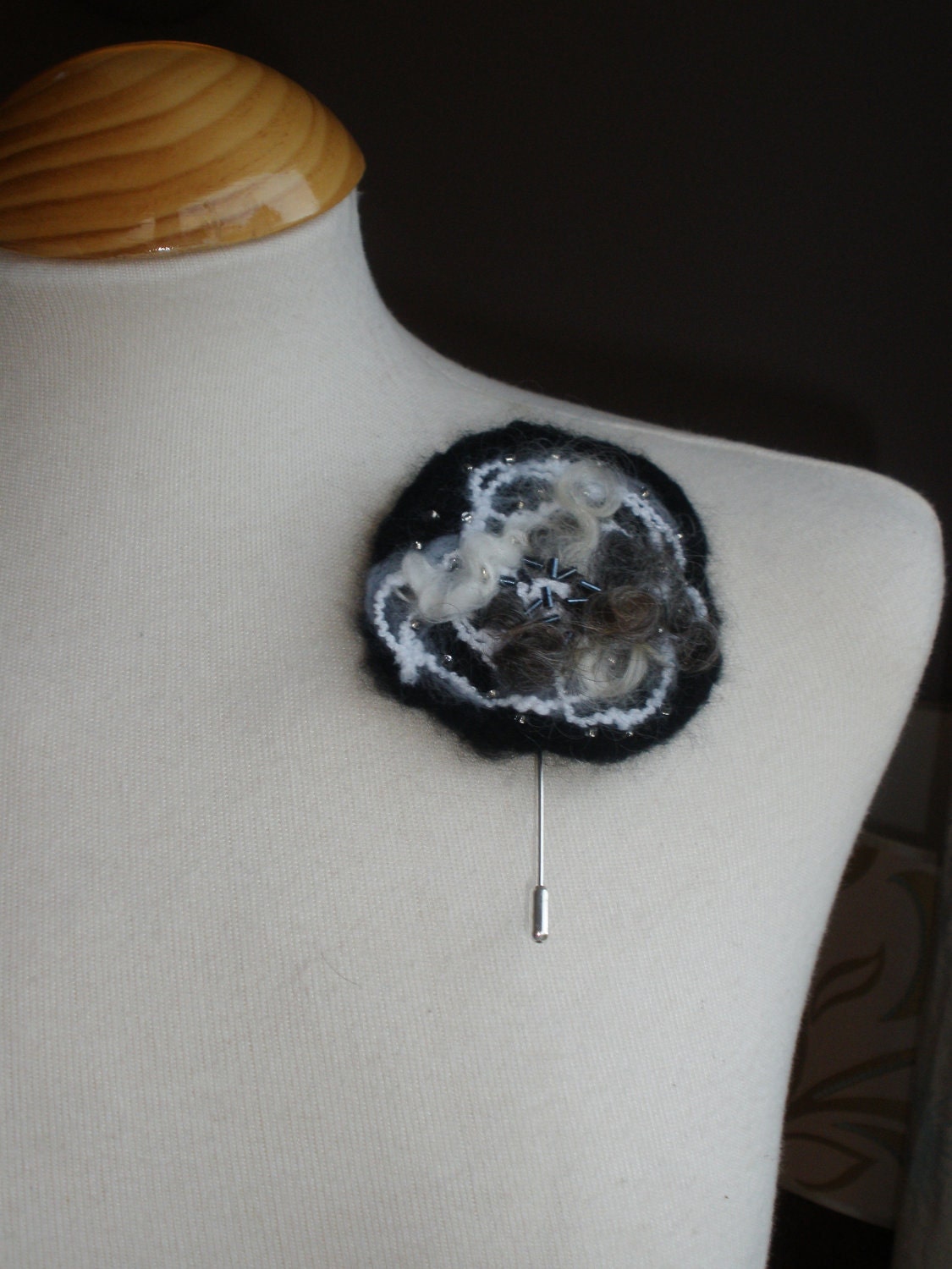 Felted wool flower stick pin brooch corsage in black white monochrome - hat pin - wedding