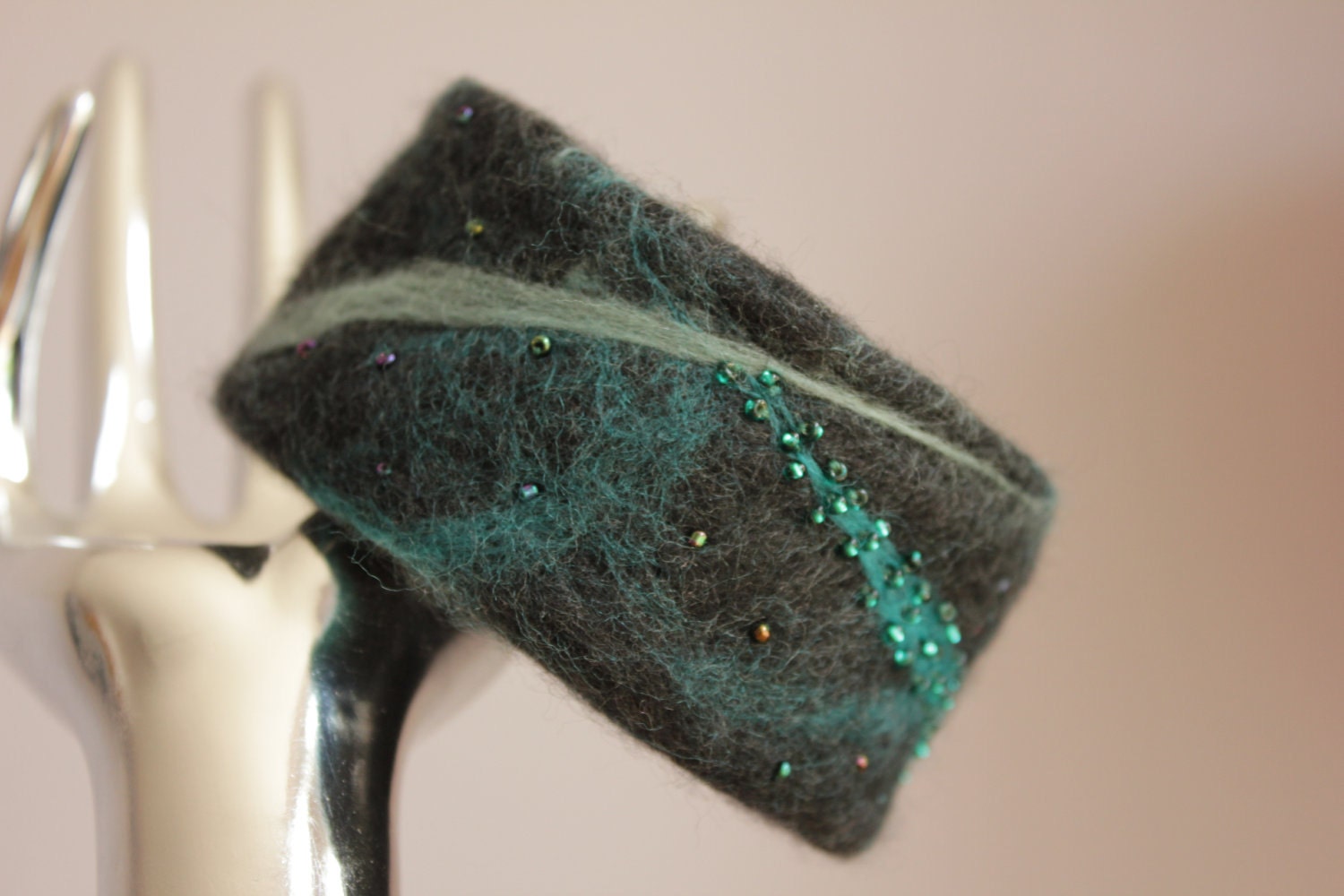 Bangle -chunky felted & beaded merino wool bracelet cuff - teal grey charcoal duck egg blue black turquoise