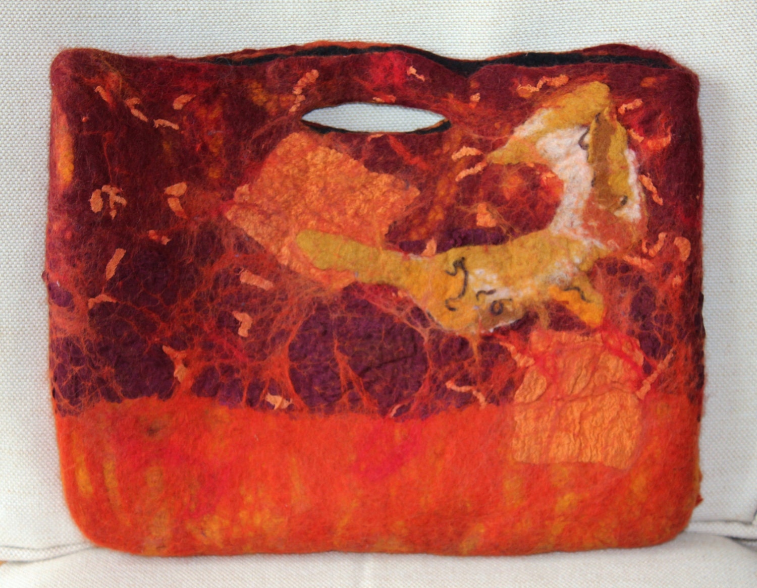 Hand felted  Orange & deep red burgundy nuno felted wool bag purse tote handbag ...OOAK Art to Wear