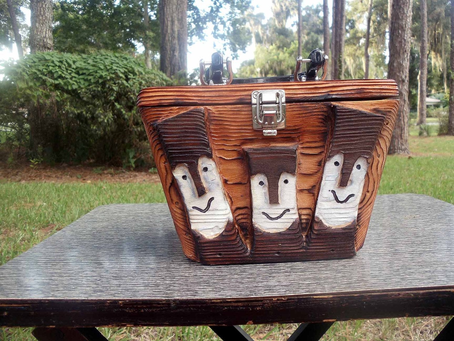 Hand carved Wooden Box Purse- Tiki Bob swank rockabilly Chic