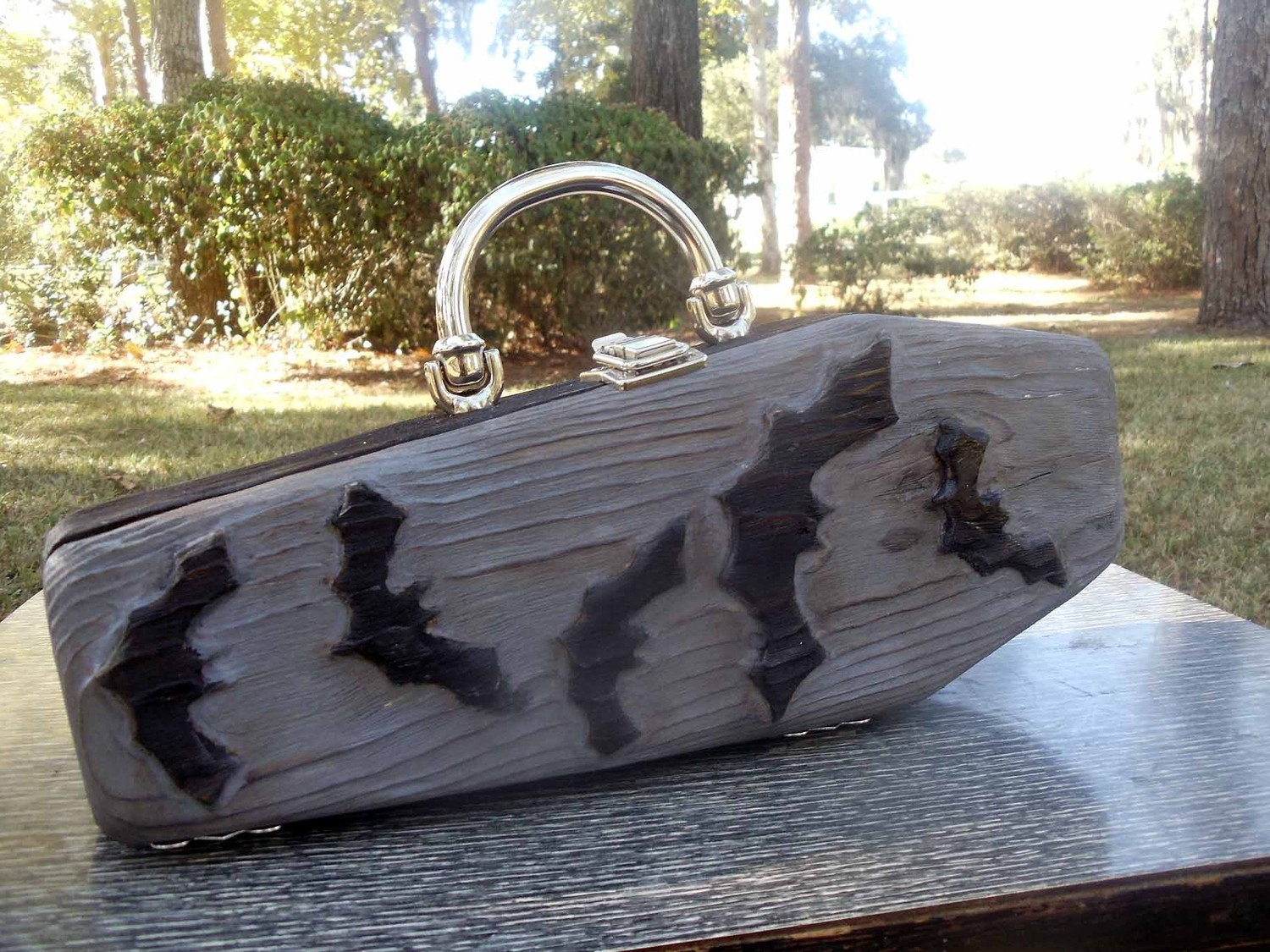 Handcarved WOODEN COFFIN PURSE gray BATS Rockabilly Goth