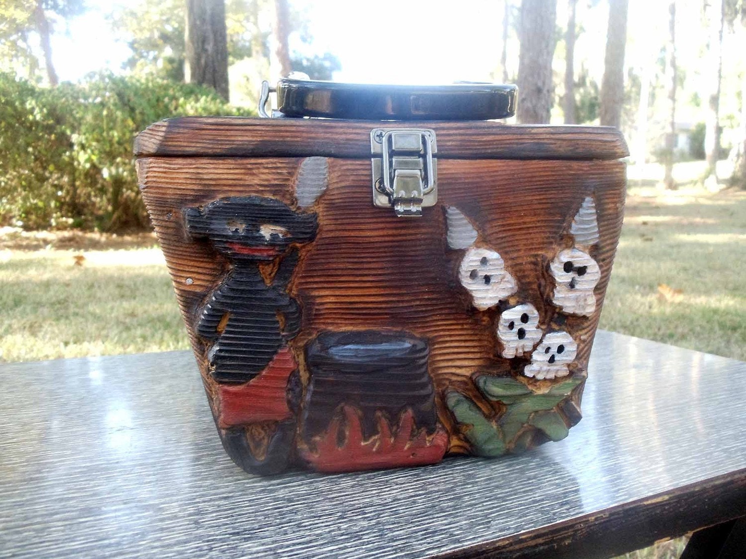 Hand Carved WOODEN BOX PURSE Headhunter Tiki Skull