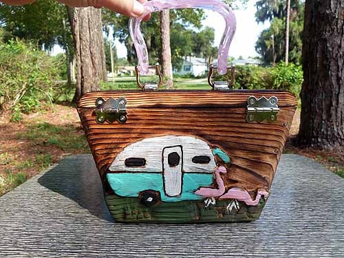 Hand Carved Wooden Box purse- Vintage Trailer Flamingo CAMP FIZZY
