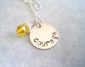 Courage Handstamped necklace sterling silver womans jewelry engraved inspirational pendant yellow crystal
