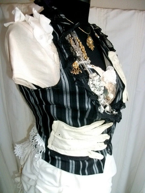 steampunk vest, steampunk, upcycled clothing, upcycled vest, striped vest, shabby chic vest, gothic, victorian, vintage style, size small