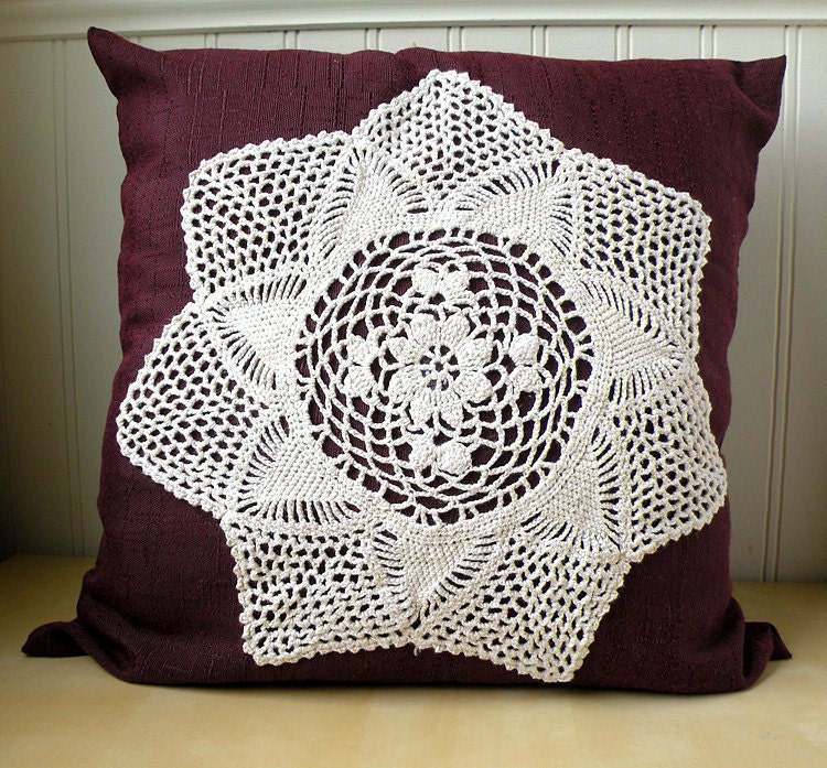 Cranberry pillow cover with cream doily removable with envelope back