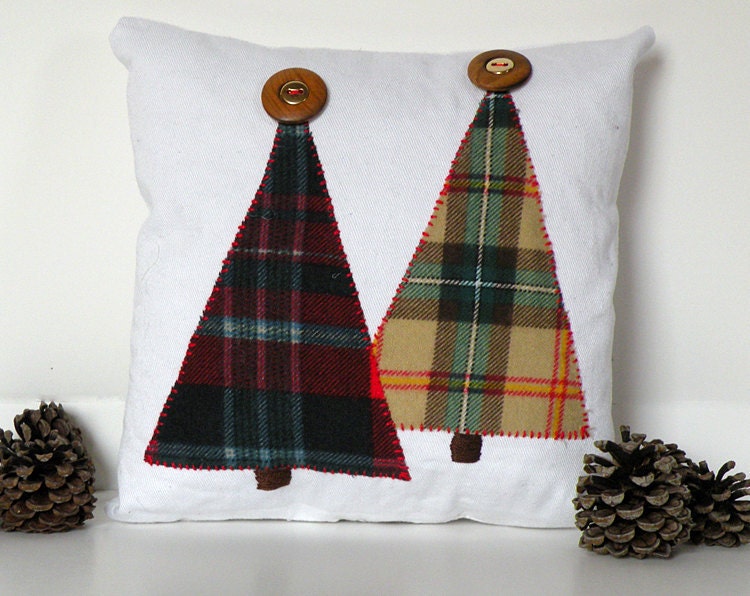 Small white cotton decorative pillow with red and tan plaid trees with wooden buttons