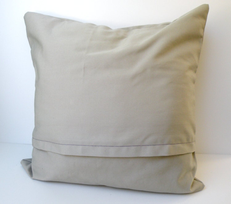Khaki cotton pillow cover with purple embroidered flowers removable with envelope back
