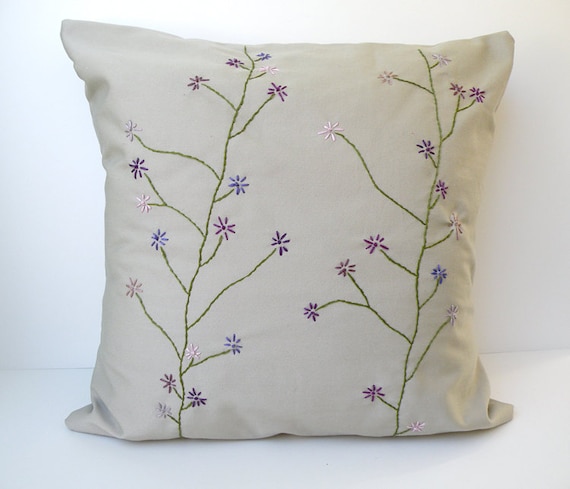 Khaki cotton pillow cover with purple embroidered flowers removable with envelope back
