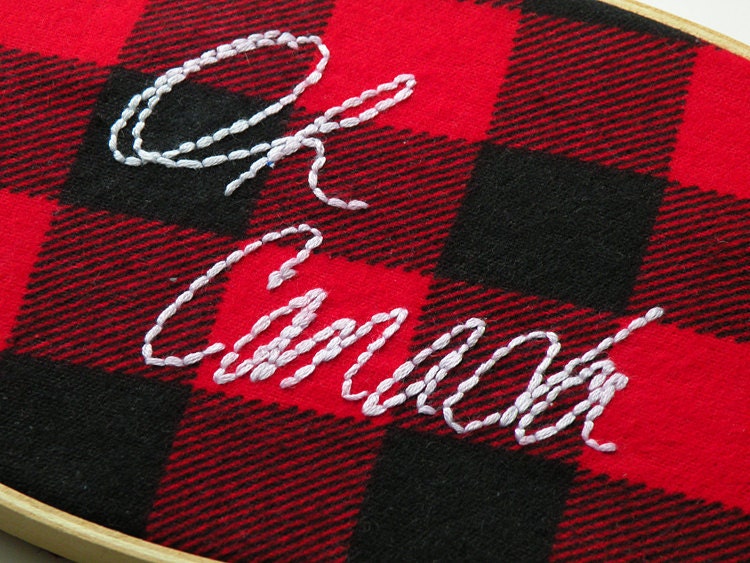 Oh Canada embroidered red and black flannel wooden hoop wall hanging 5x9 oval