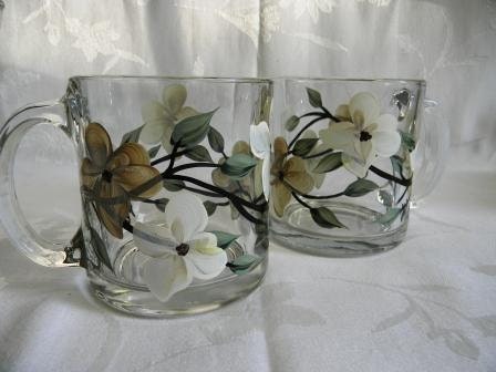 Hand painted Coffee Mugs with ivory dogwood flower