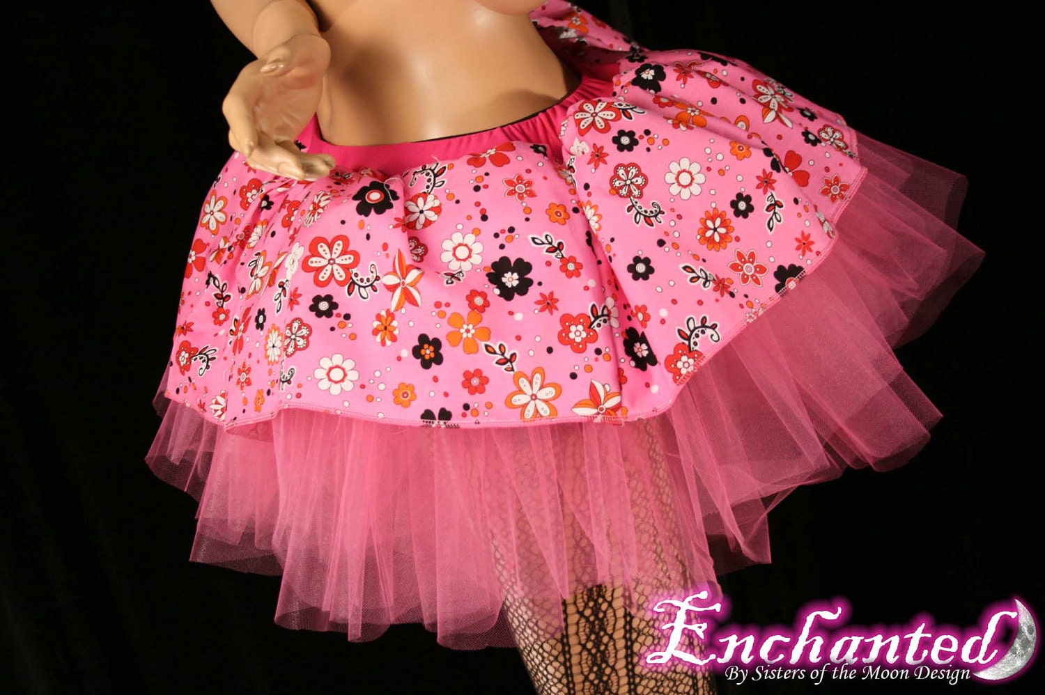 tutu Adult Pink Flower mini skirt pink and black kawaii  -- You choose size -- Enchanted