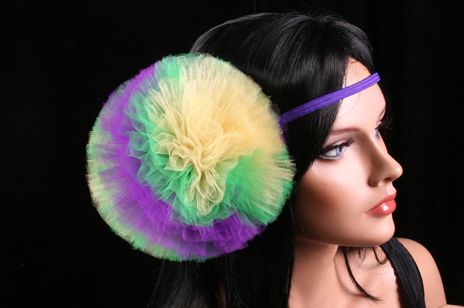 Mardi Gras tutu tulle hair bow pom pom Dark vixen collection perfect for children and adults purple yellow green -- Enchanted