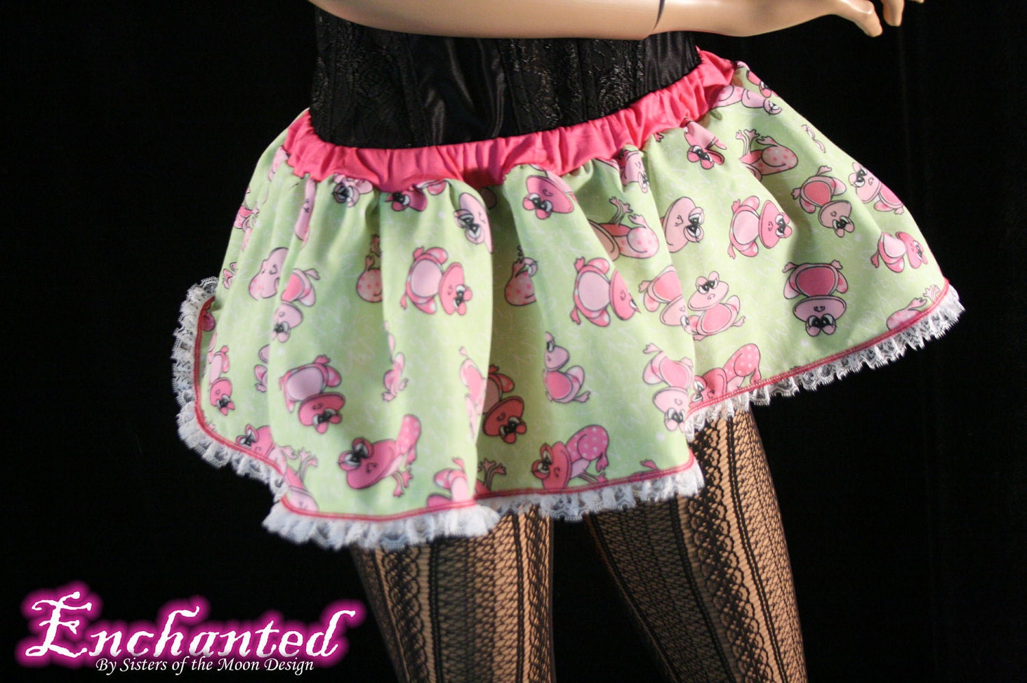 Pink frog micro mini skirt Adult tutu topper circle skirt green white lace roller derby  -- You chose size -- SistersEnchanted