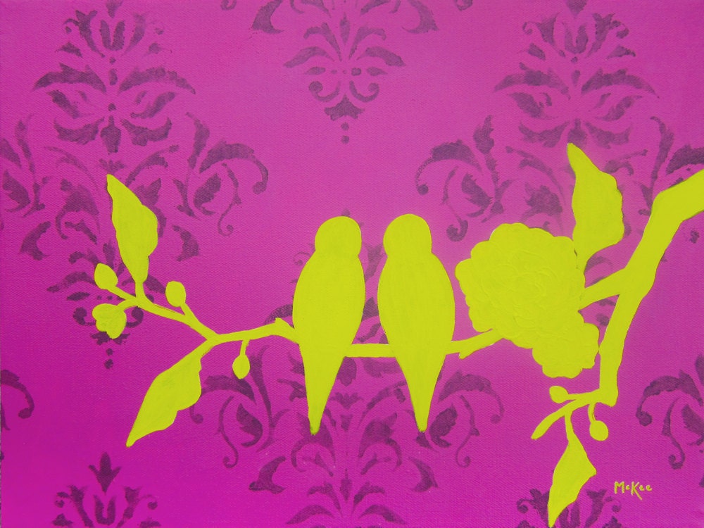 SALE Love Birds Art Print, Modern Wall Decor, Fuchsia Lime Green, 12 x 9 inches
