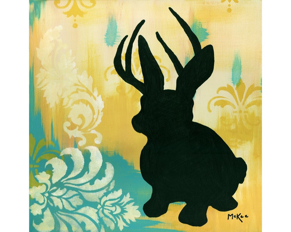 SALE Jackalope print - Turquoise, Yellow, Cream, Damask - 10 x 10 inch