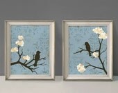 Shabby Love Bird Wall Decor Prints, Cottage Chic, Blue and cream, Large Prints, Set of Two, 11 x 14 inches