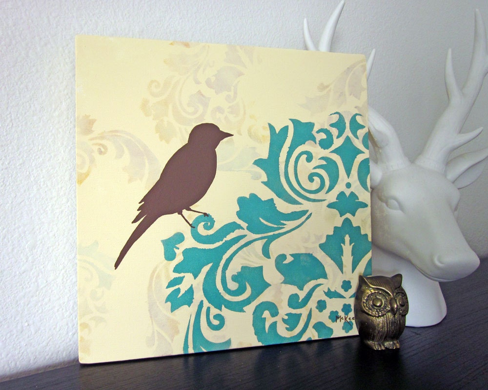 Shabby Bird Painting, Damask, French Cottage Chic, 12 x 12 inch, Turquoise Cream, Original Painting