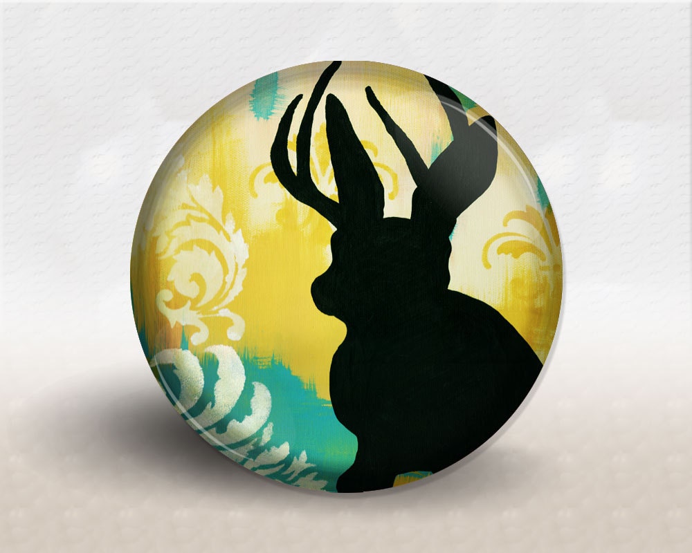 Mythical Jackalope Pocket Mirror, Turquoise Yellow Damask