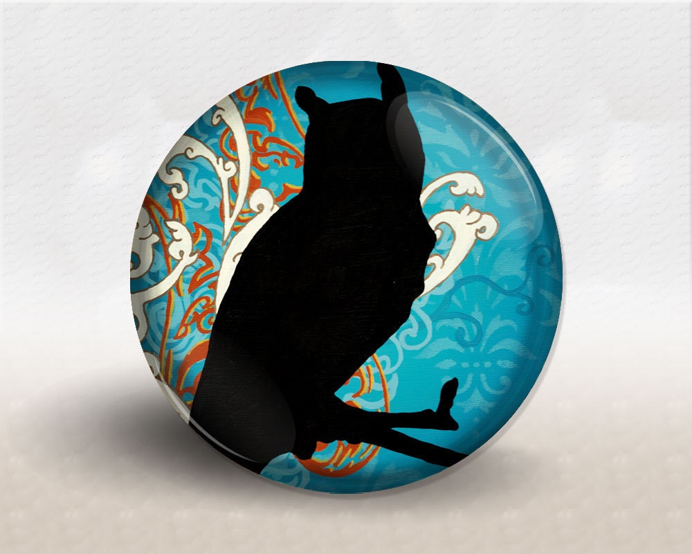 Pocket Mirror, Owl Silhouette, Teal, damask orange