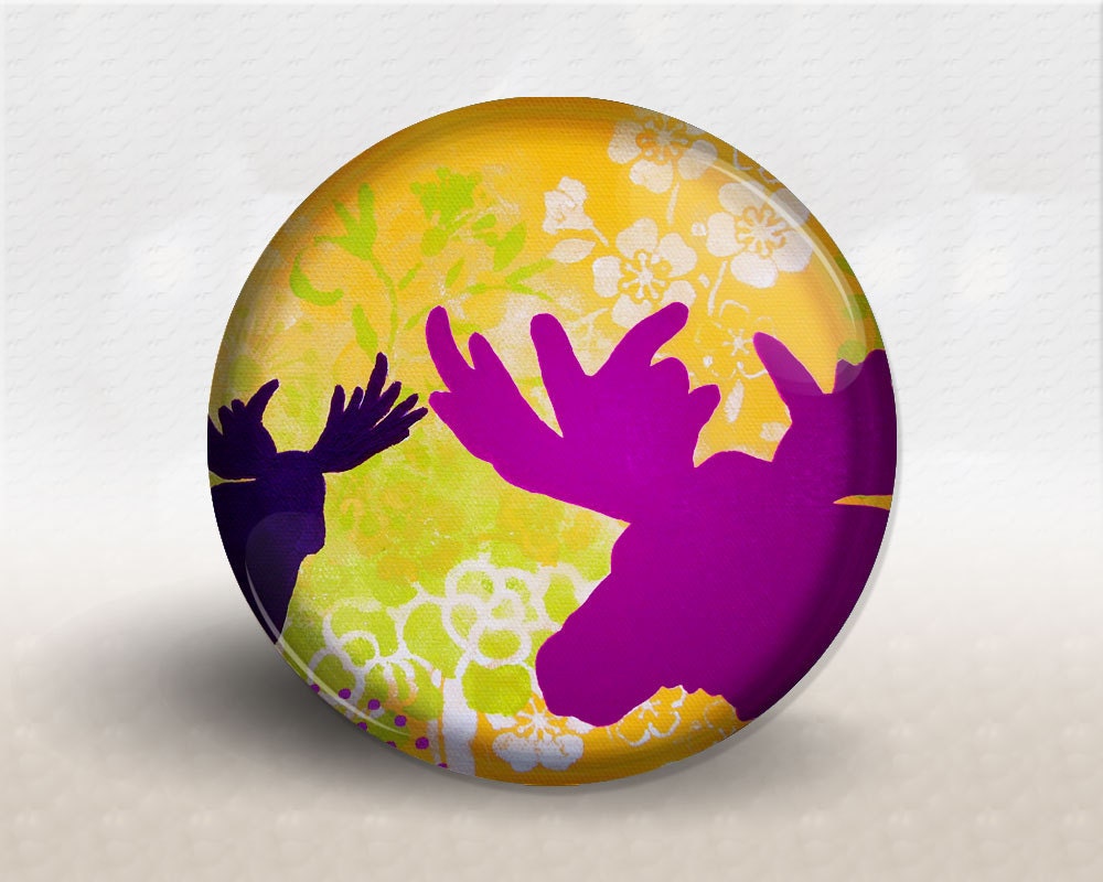 Pocket Mirror, woodland moose flowers, fuchsia pink, lime green, yellow orange
