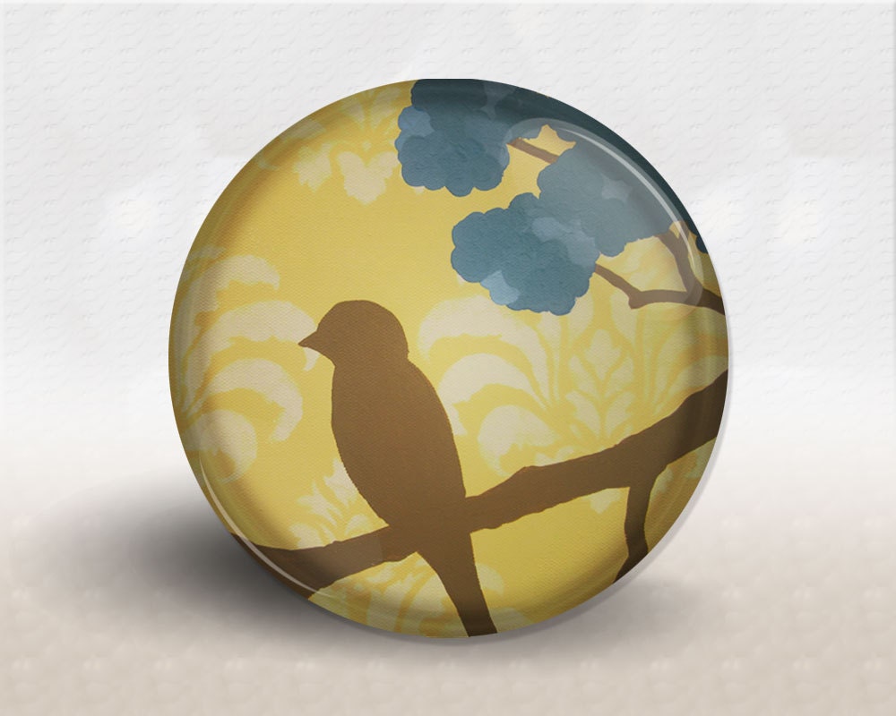 Bird Pocket Mirror, Yellow Damask, Bridesmaid gift, Shower Favor, Wedding Favor