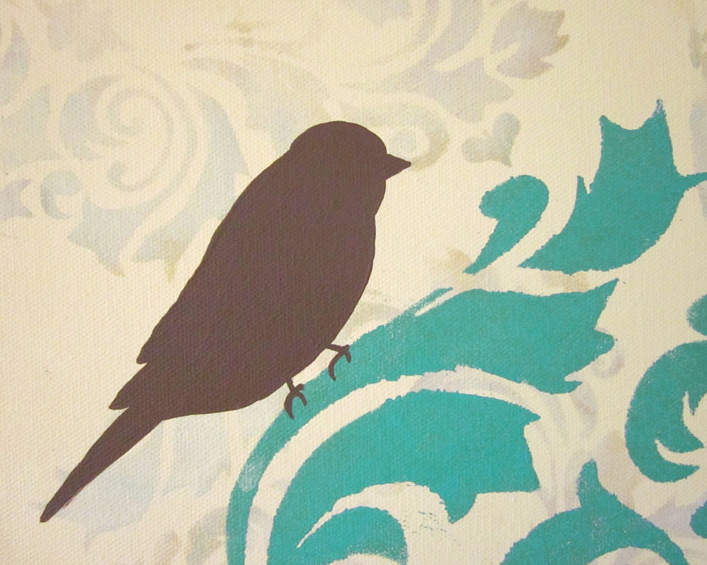 Damask Birds Painting,  French Country, Damask Wall Decor Art, Cottage Chic Shabby, 12x12 inch original acrylic