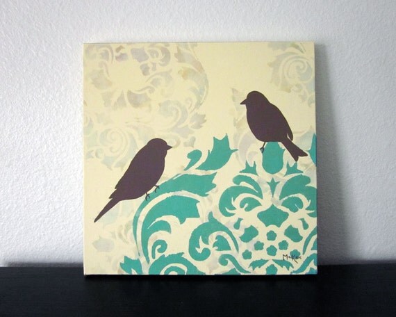 Damask Birds Painting,  French Country, Damask Wall Decor Art, Cottage Chic Shabby, 12x12 inch original acrylic