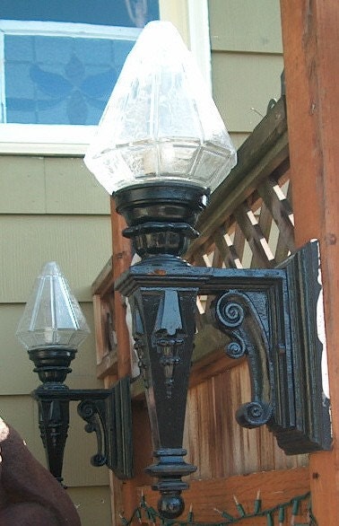 Pair  of  2ft Tall Victorian  Architectural Ornate Cast Iron Sconces with Original  Etched Glass Shades